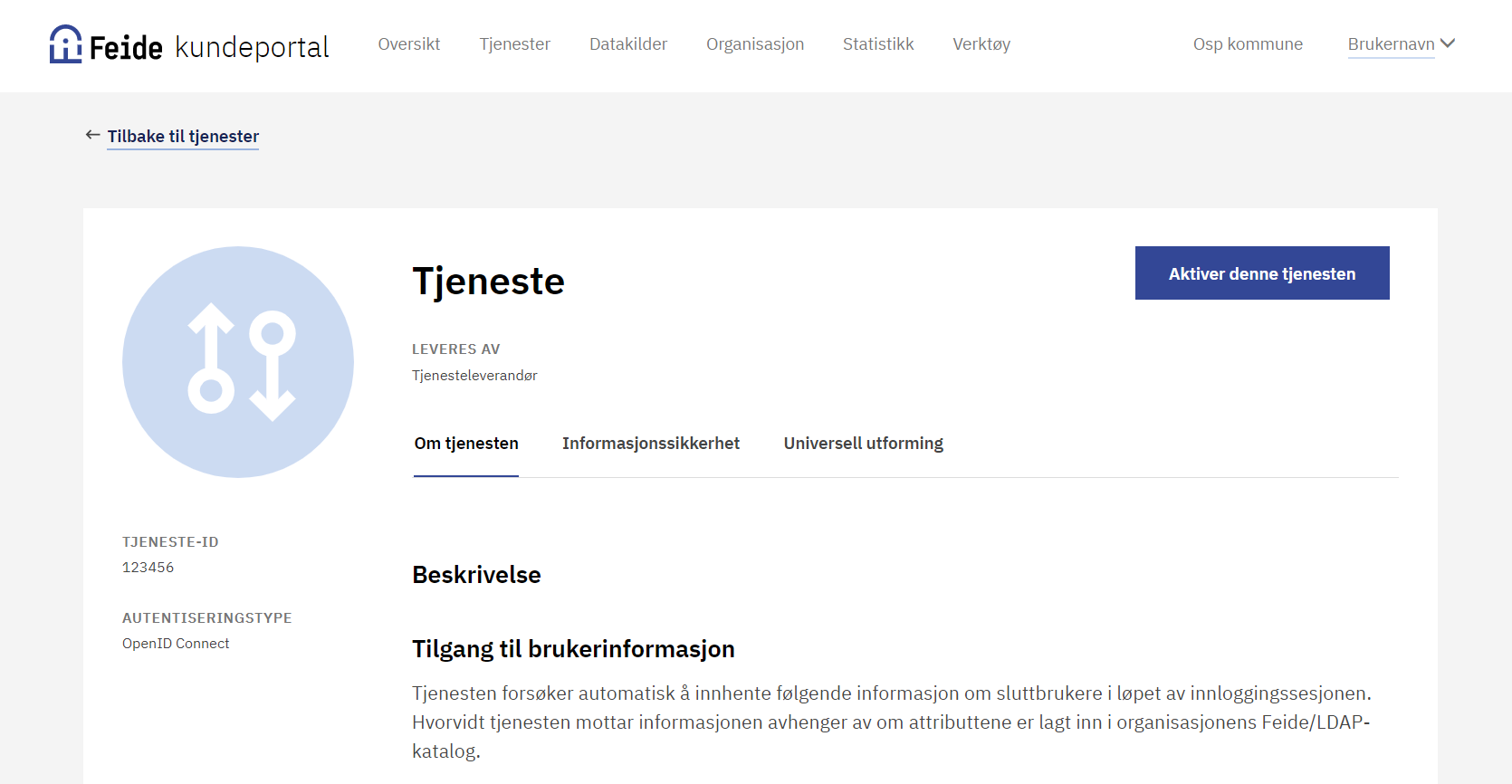 "Skjermbilde av Feide kundeportal, aktiver denne tjenesten"