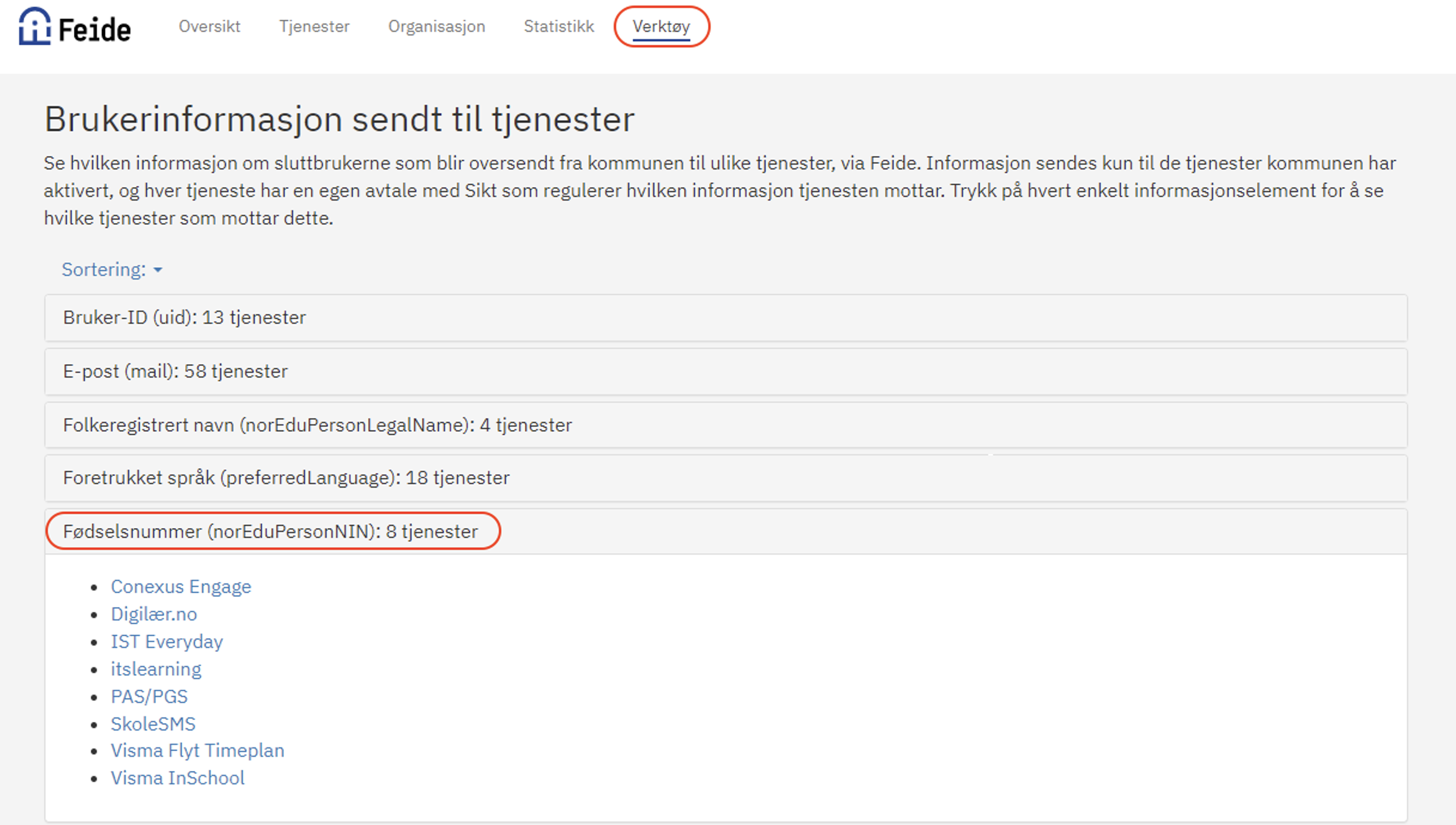 "Skjermbilde av siden om Brukerinformasjon sendt til tjenester fra Feide kundeportal"