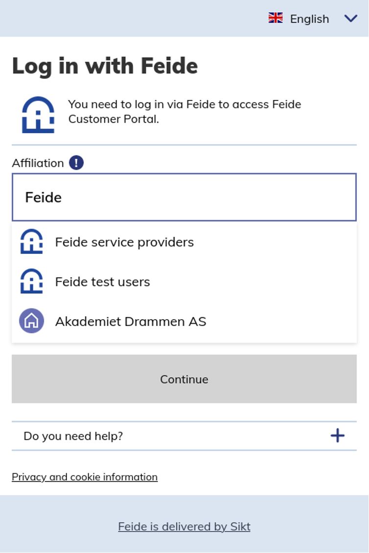 "New login window with Feide test users and Feide service providers as options. Screenshot"