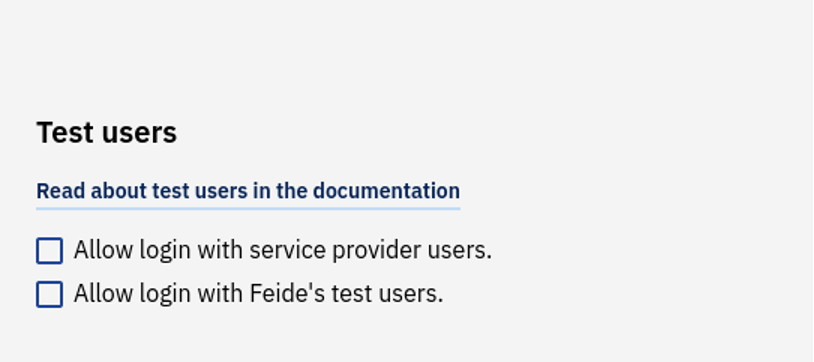 "Options for managing test users in the customer portal will remain the same: Allow login with service provider users and allow login with Feide's test users. Screenshot"