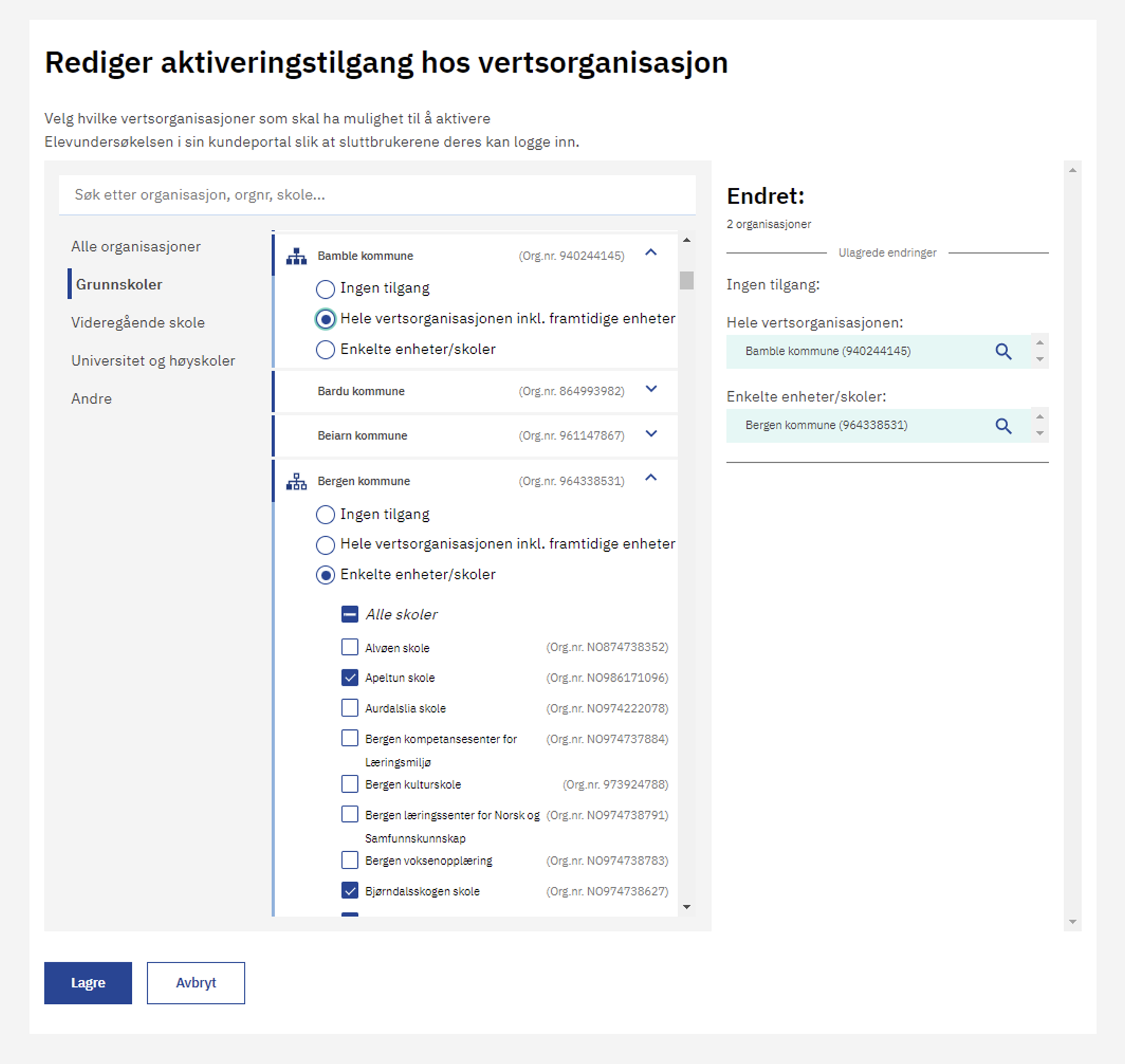 "Skjermbilde av hvordan tjenesteleverandører kan redigere aktiveringstilgang hos vertsorganisasjoner i Feides kundeportal."