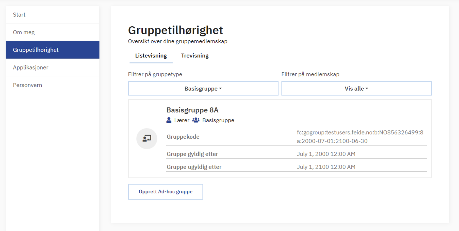 "Skjermbilde av Gruppetilhørighet-fanen i Feides innsynstjeneste"
