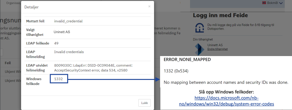 "Detaljer om sporingsnummer til feilmelding i Feides kundeportal. Her vises både LDAP-feilkode og Windows-feilkode. Skjermbilde.