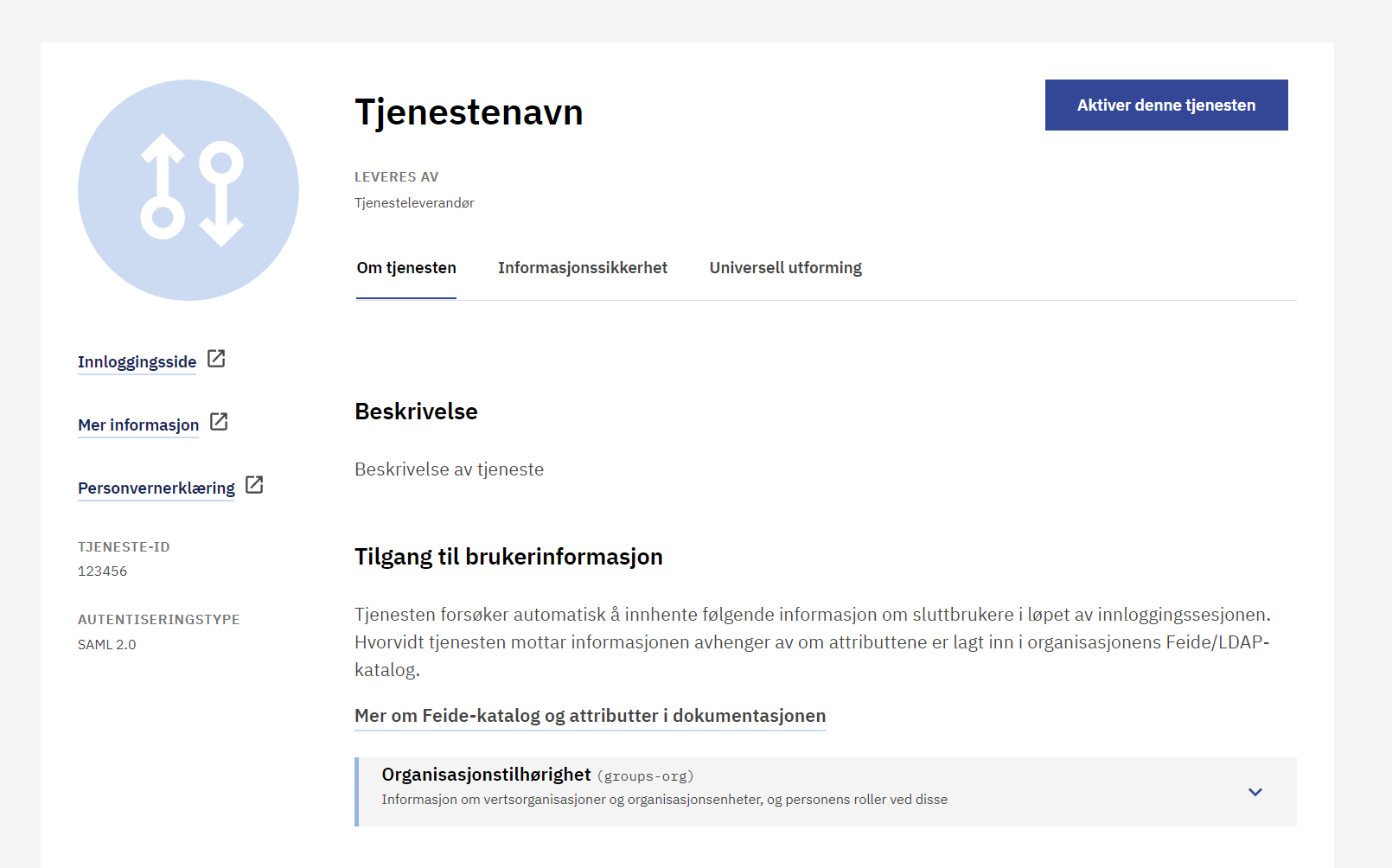 "Tjenestevising av en tjeneste i Feide kundeportal som henter organisasjonstilhørighet"
