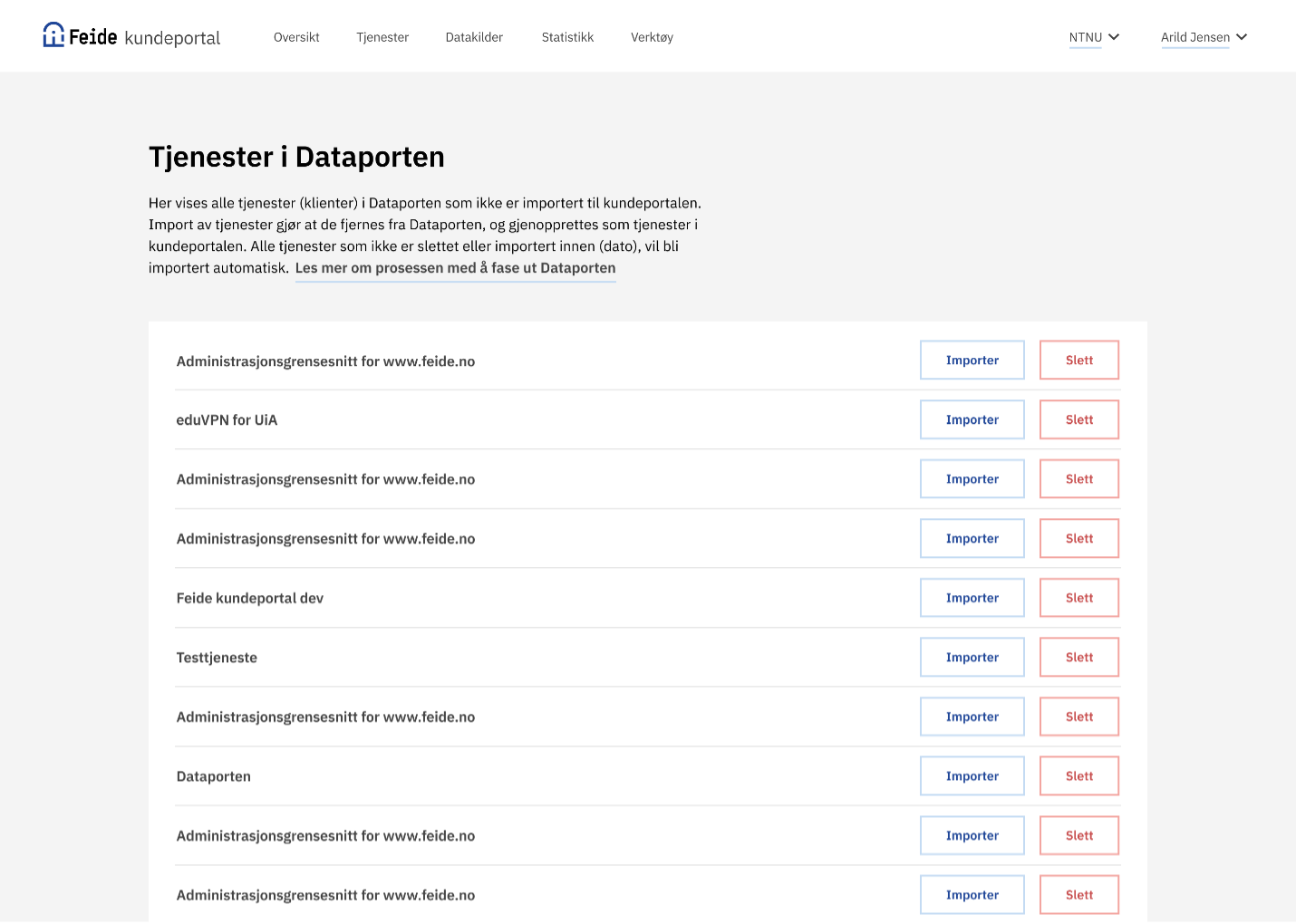 Skjermbilde av gjennomgang av konfigurasjoner i Feide kundeportal